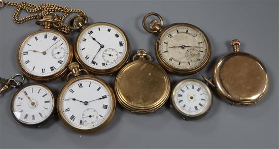 Two ladys silver fob watches and six gold plated pocket watches.
